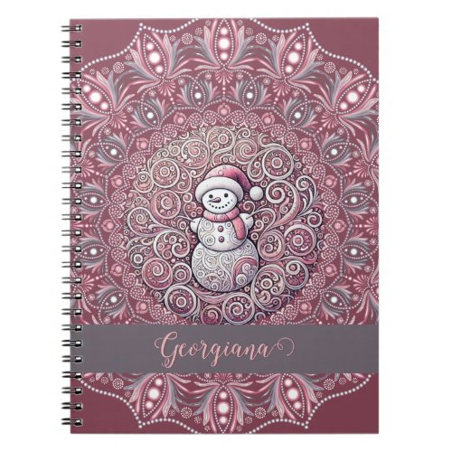 Cute Custom Name Whimsical Pink Snowman Mandala Notebook