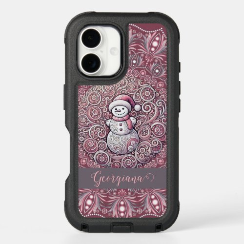 Cute Custom Name Whimsical Pink Snowman Mandala iPhone 16 Case