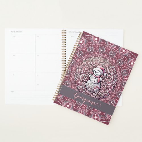 Cute Custom Name Whimsical Pink Snowman Mandala Planner