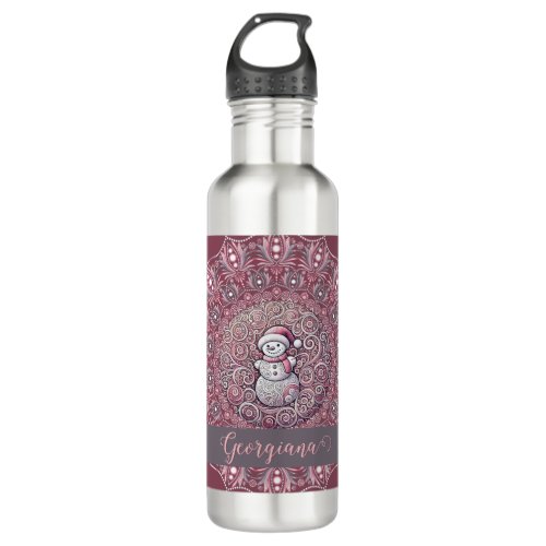 Cute Custom Name Whimsical Pink Snowman Mandala Stainless Steel Water Bottle