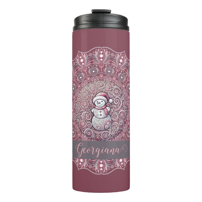 Cute Custom Name Whimsical Pink Snowman Mandala Thermal Tumbler (Front)