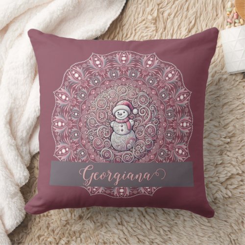 Cute Custom Name Whimsical Pink Snowman Mandala Throw Pillow