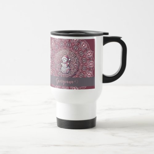 Cute Custom Name Whimsical Pink Snowman Mandala Travel Mug