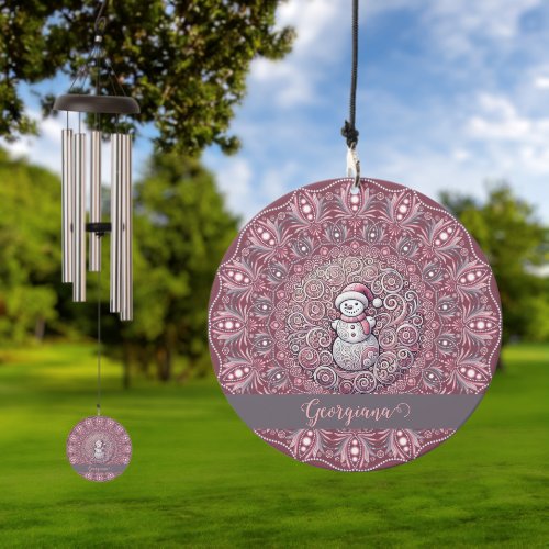 Cute Custom Name Whimsical Pink Snowman Mandala Wind Chime