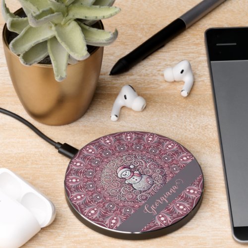 Cute Custom Name Whimsical Pink Snowman Mandala Wireless Charger