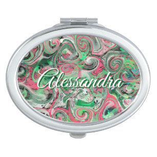 Cute Custom Name Whimsical Swirl Marble Green Red Compact Mirror