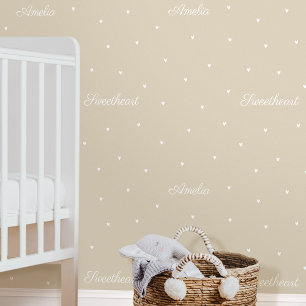 Cute Custom Name Words Heart Beige Kids Nursery Wallpaper