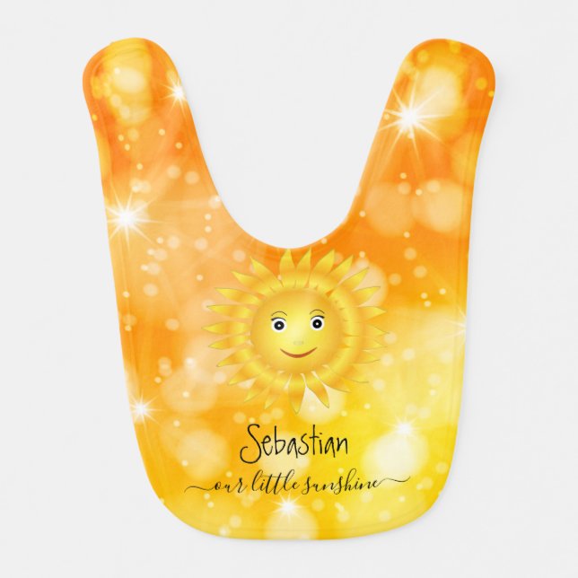 Cute Custom Name Yellow Smiling Shining Sun Art Baby Bib (Front)