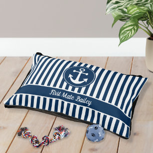 Cute Custom Nautical Anchor Rope Navy Blue Stripes Pet Bed