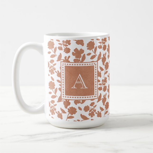 Cute Custom Orange Glitter Floral Pattern Monogram Coffee Mug (Left)