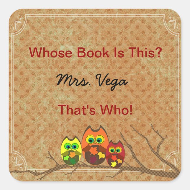 Cute Custom Owl Teacher's Book Plate Book I.D. - (Front)
