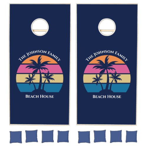 Cute Custom Palm Tree Navy Blue Pink Beach House Cornhole Set