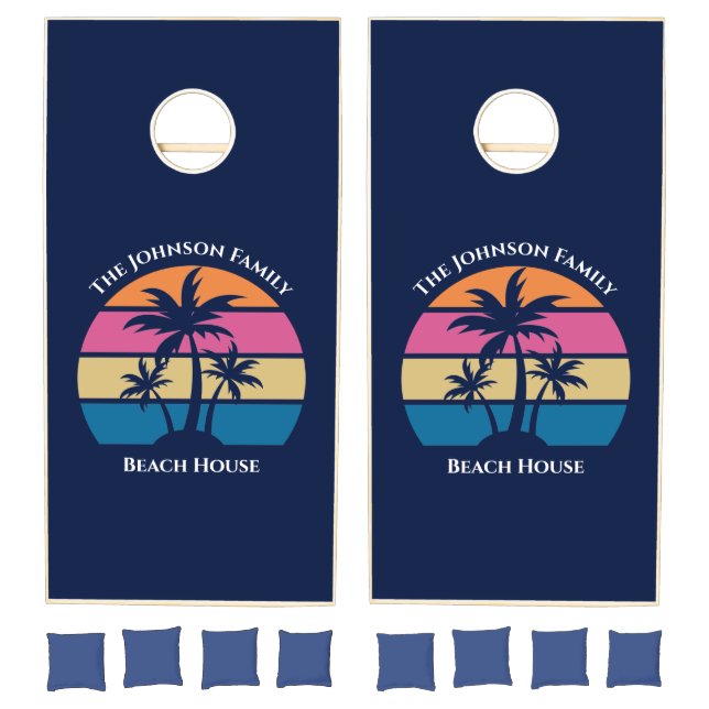 Cute Custom Palm Tree Navy Blue Pink Beach House Cornhole Set (Set)