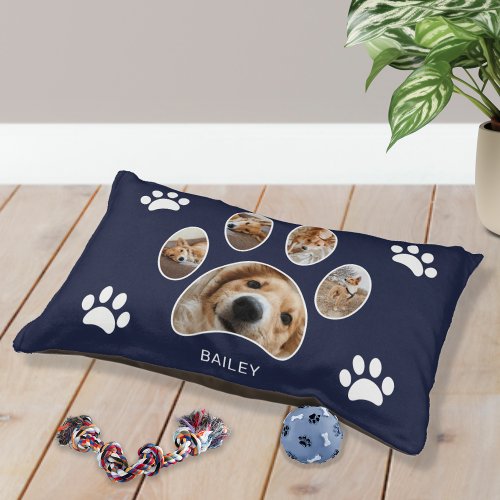 Cute Custom Paw Print Name Photo Collage Navy Pet Bed