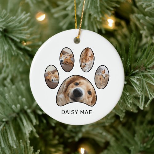 Cute Custom Paw Print Pet Name Year Photo Collage Ceramic Ornament