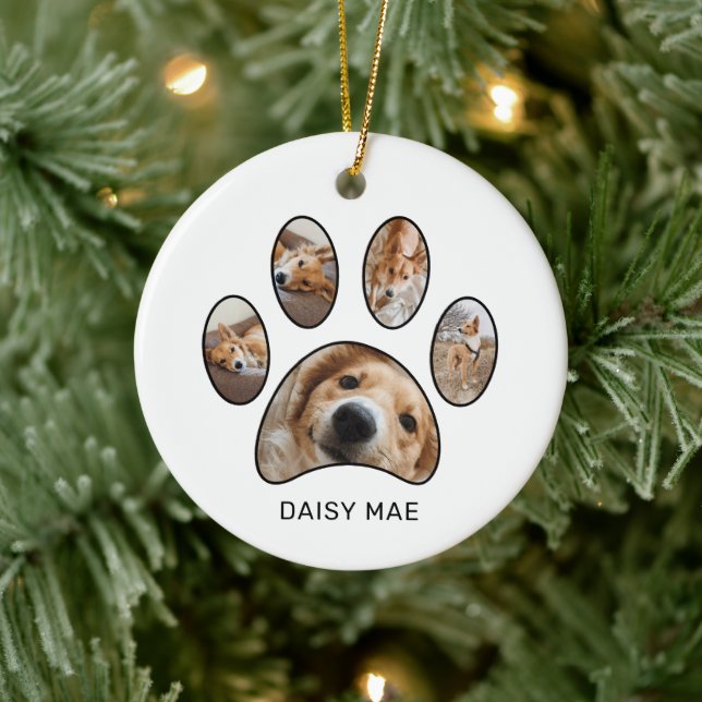 Cute Custom Paw Print Pet Name Year Photo Collage Ceramic Ornament (Tree)
