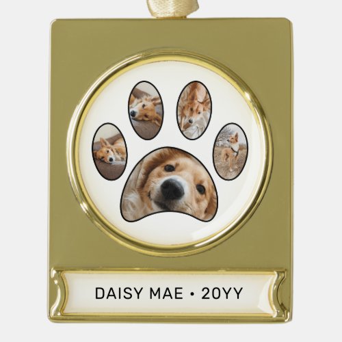 Cute Custom Paw Print Pet Name Year Photo Collage Gold Plated Banner Ornament
