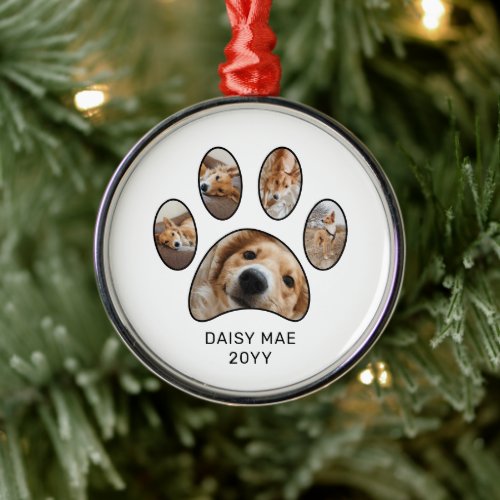 Cute Custom Paw Print Pet Name Year Photo Collage Metal Ornament