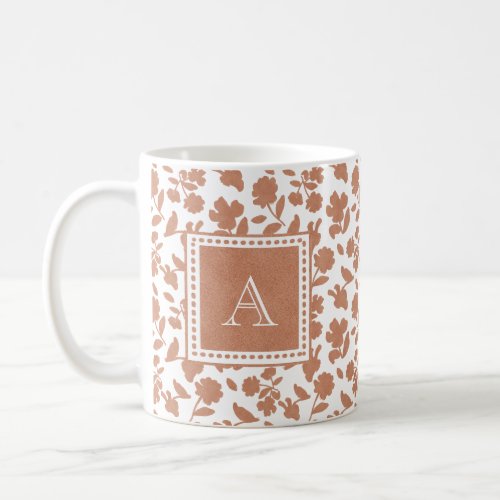 Cute Custom Peach Glitter Floral Pattern Monogram Coffee Mug