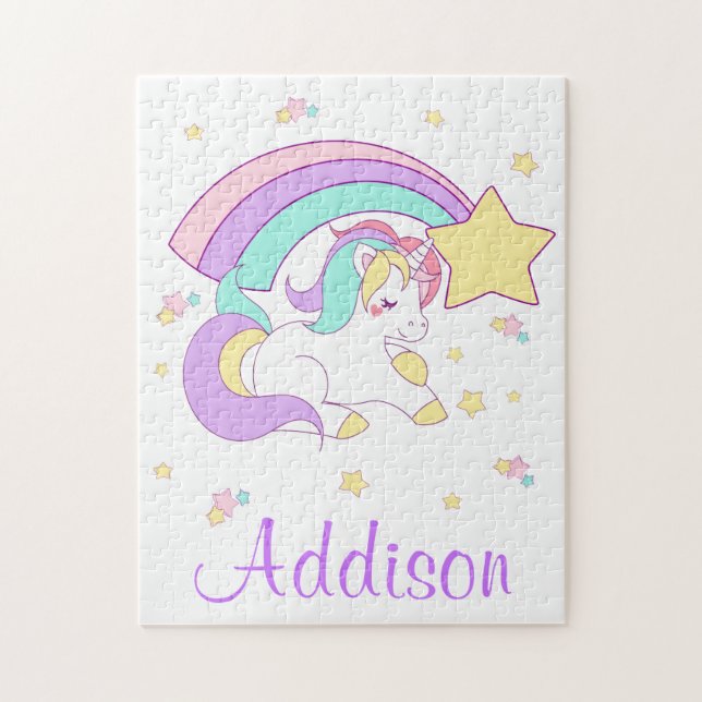 Cute Custom Personalized Magical Rainbow Unicorn Jigsaw Puzzle (Vertical)