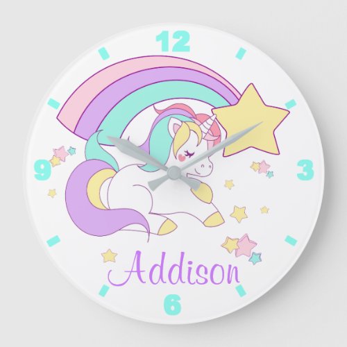 Cute Custom Personalized Magical Rainbow Unicorn Large Clock