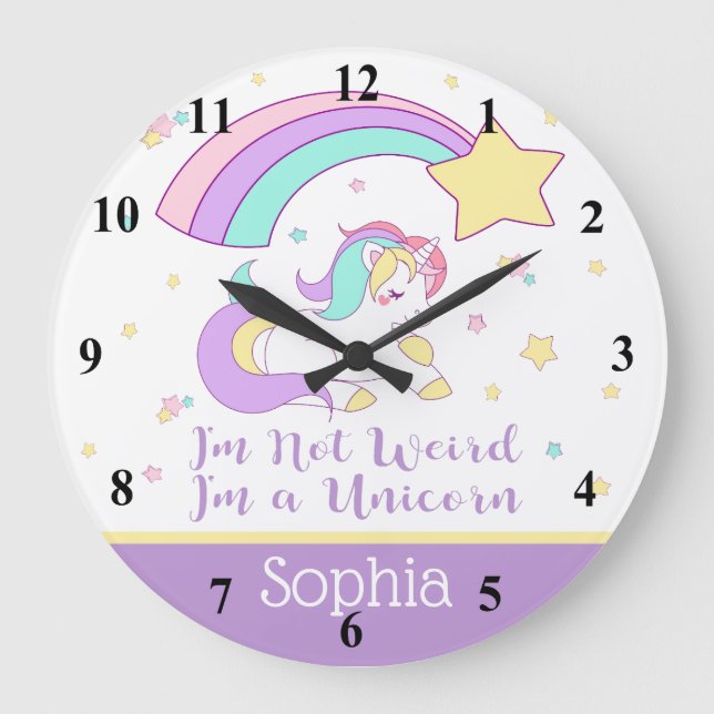 Cute Custom Personalized Magical Rainbow Unicorn Large Clock (Front)