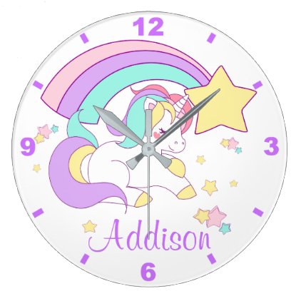 Cute Custom Personalized Magical Rainbow Unicorn Large Clock