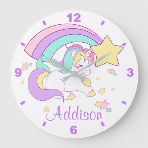 Cute Custom Personalized Magical Rainbow Unicorn Large Clock