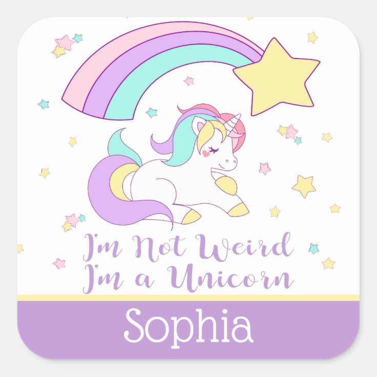 Cute Custom Personalized Magical Rainbow Unicorn Square Sticker | Zazzle