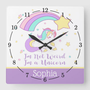 Cute Custom Personalized Magical Rainbow Unicorn Square Wall Clock