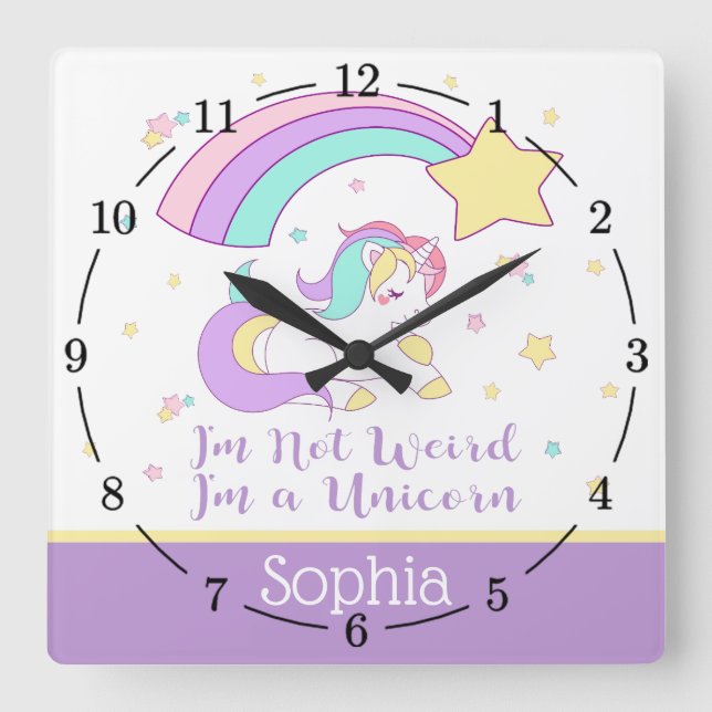 Cute Custom Personalized Magical Rainbow Unicorn Square Wall Clock (Front)