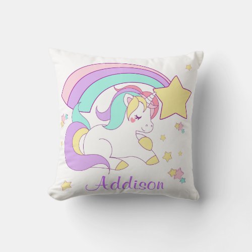 Cute Custom Personalized Magical Rainbow Unicorn Throw Pillow