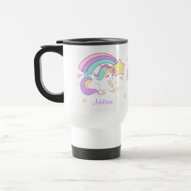 Cute Custom Personalized Magical Rainbow Unicorn Travel Mug (Left)