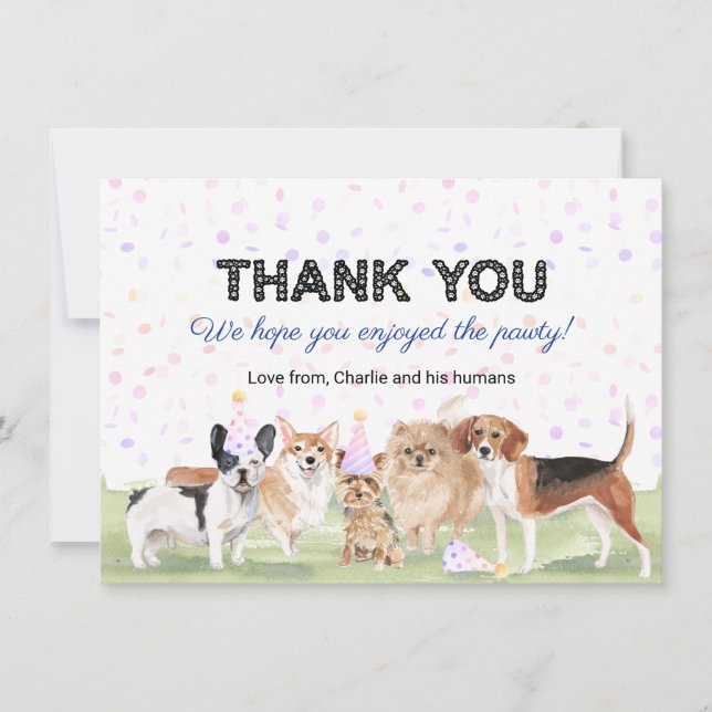Cute Custom Pet Pawty Blue Dog Birthday Party Thank You Card (Front)