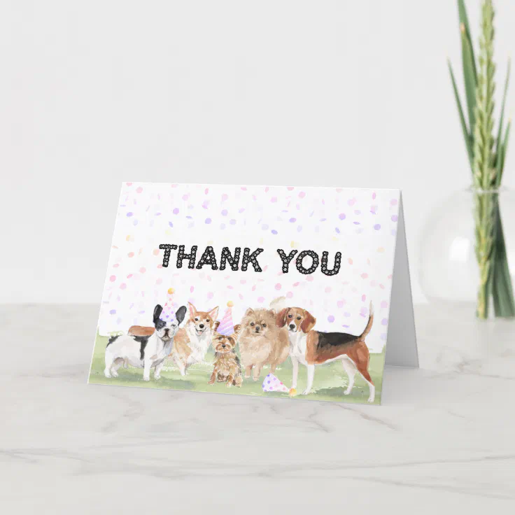 Cute Custom Pet Pawty Pink Dog Birthday Party Thank You Card | Zazzle