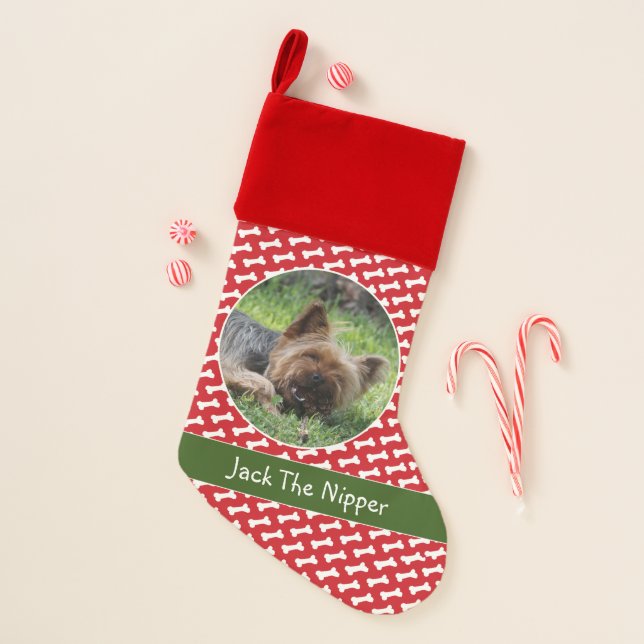 Cute Custom Pet Photo Dog Bone Red Christmas Stocking (Front)