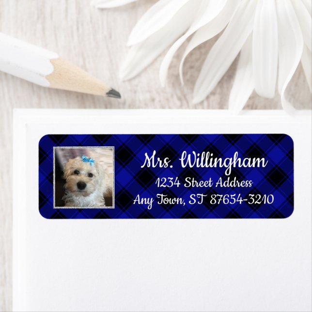 Cute Custom Pet Photo Frame Blue & Black Plaid Label (Insitu)