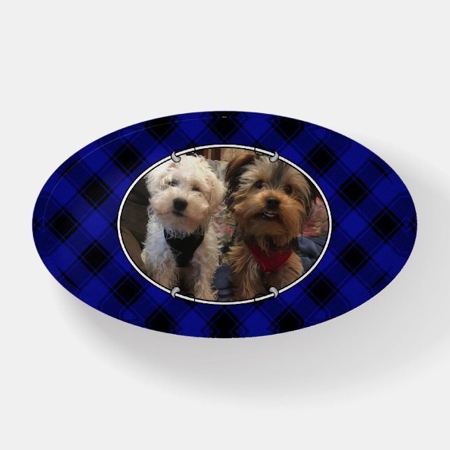 Cute Custom Pet Photo Frame Blue & Black Plaid Paperweight (Front)