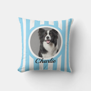 Cute Custom Pet Photo & Name Blue White Stripes Throw Pillow