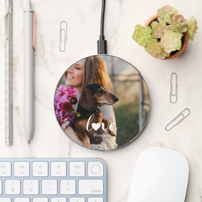 Cute Custom Pet Photo Personalized Heart Lover  Wireless Charger (Desk)