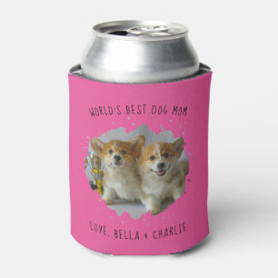 Cute Custom Pet Photo Splash Best Dog Mom Hot Pink Can Cooler