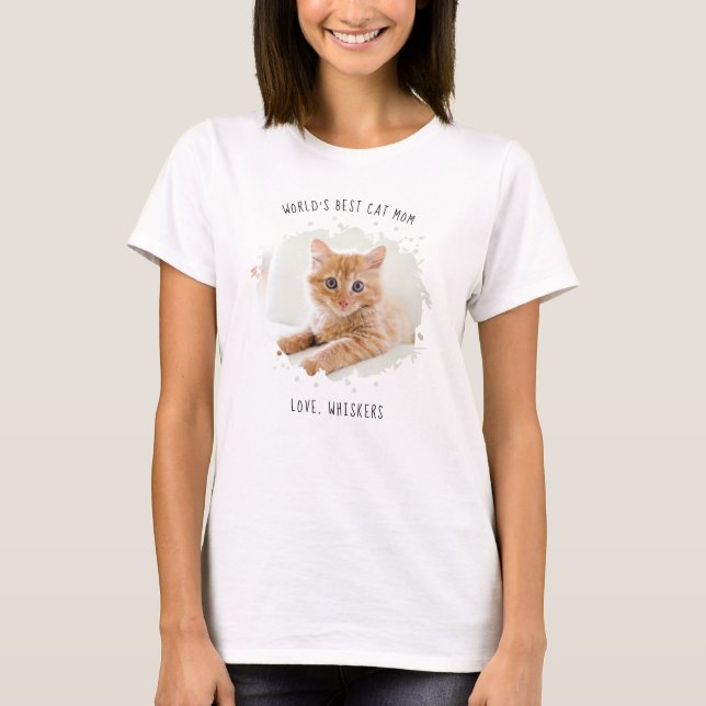 Cute Custom Pet Photo Splash World's Best Cat Mom T-Shirt (Front)