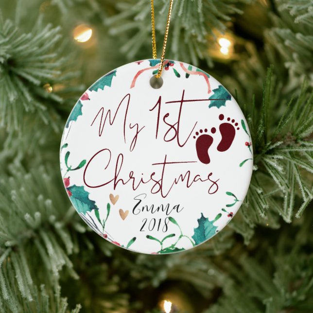 Cute Custom Photo Baby First Christmas Tree Ceramic Ornament (Tree)