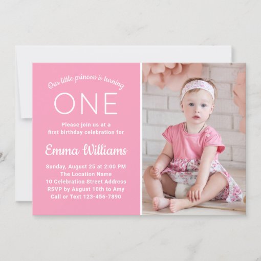 Cute Custom Photo Baby Pink Girl 1st Birthday Invitation | Zazzle