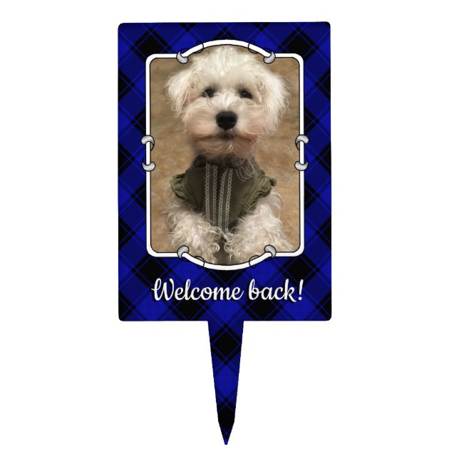 Cute Custom Photo Frame Blue & Black Plaid Cake Topper (Front)