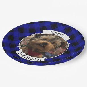 Cute Custom Photo Frame Blue & Black Plaid Paper Plates