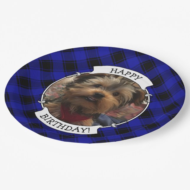Cute Custom Photo Frame Blue & Black Plaid Paper Plates (Angled)