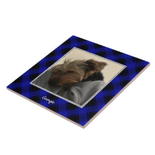 Cute Custom Photo Frame Classic Blue & Black Plaid Ceramic Tile