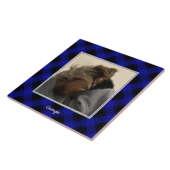 Cute Custom Photo Frame Classic Blue & Black Plaid Ceramic Tile (Side)