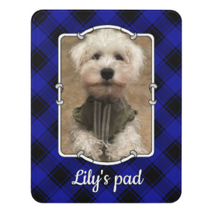 Cute Custom Photo Frame Dog Pet Blue & Black Plaid Door Sign